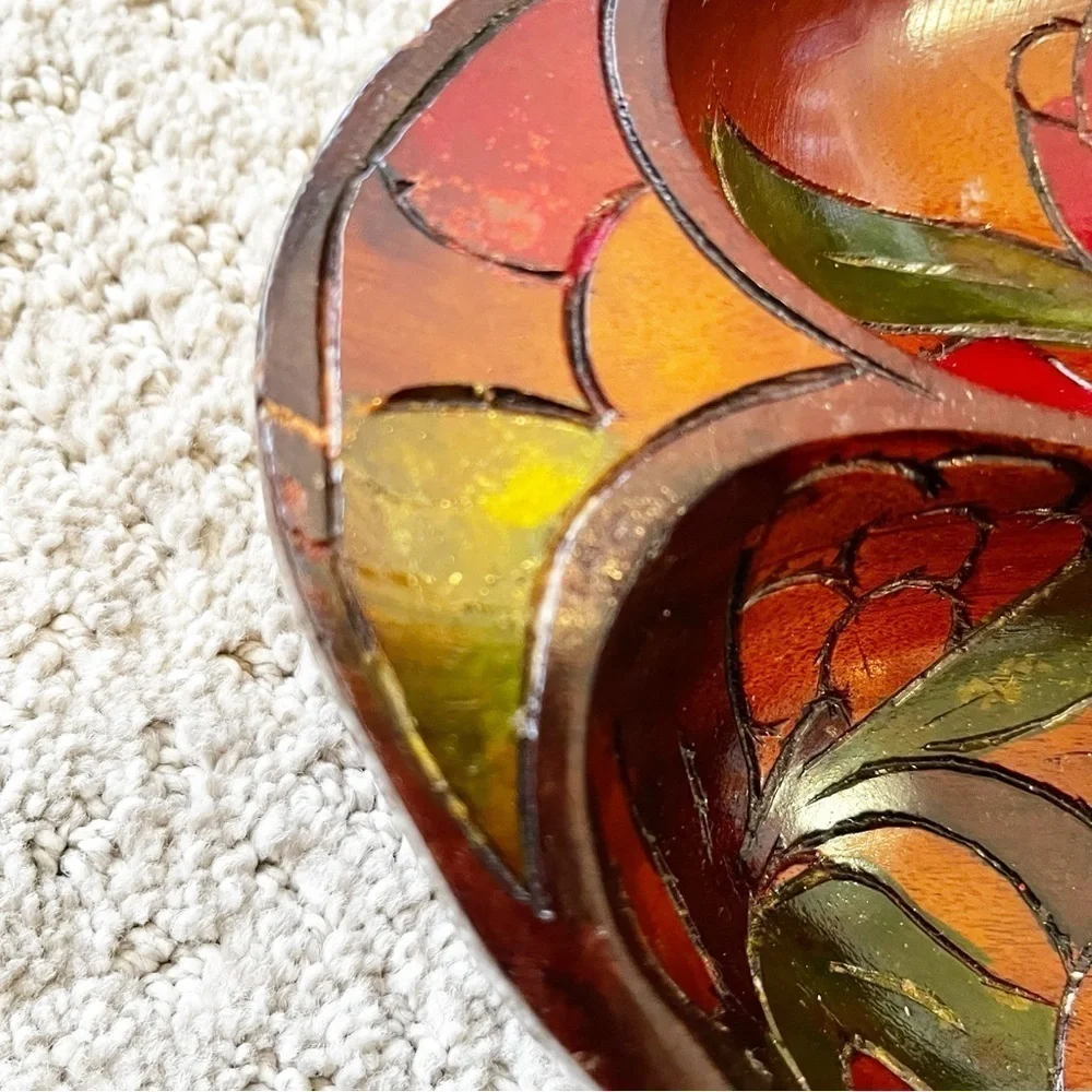 Vintage Mid Century Wooden Serving Bowl Snack Platter Boho Exotic Divided Carved